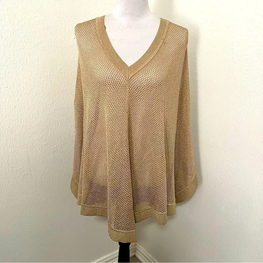 MICHAEL KORS Metallic Gold Knit Kaftan Poncho Med Business Casual EUC Designer
